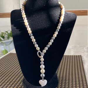 NRT. Two-Tone Faux Pearl Necklace with Pave Heart Pendant - Cream & Silver